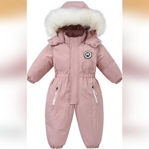 Thick Pink Hooded Snowsuit with Fur Trim For Toddler Girls